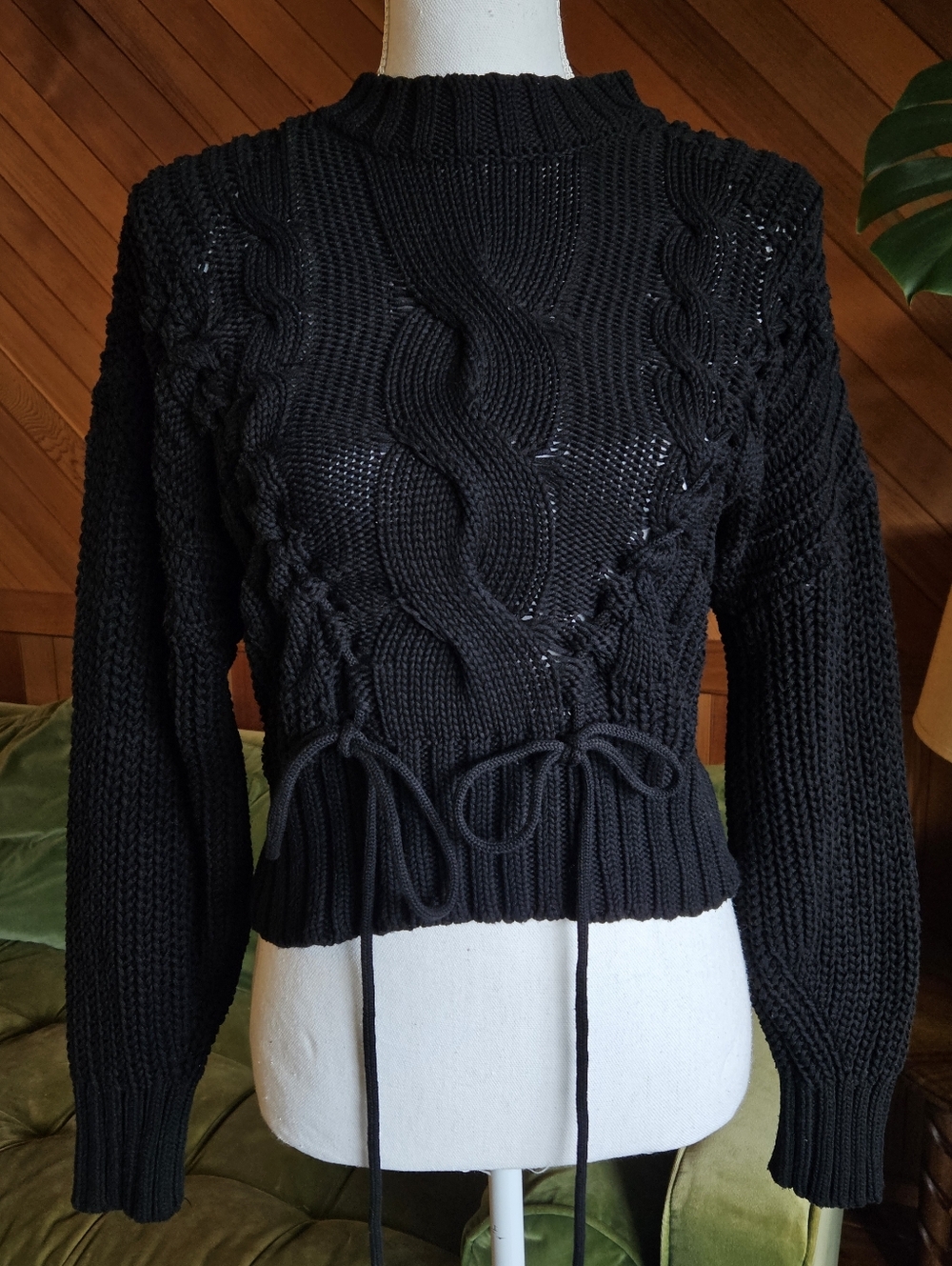 525 America Black Cable Knit Lace Up Chunky Cotton Sweater Size Small